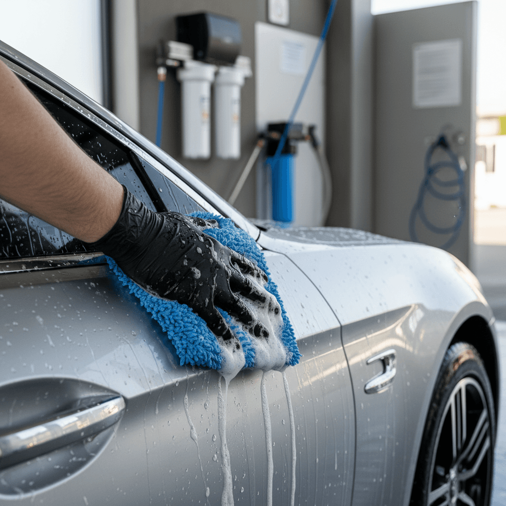 Car wash technician's hands washing silver sedan's side panel with microfiber mitt in bright daylight