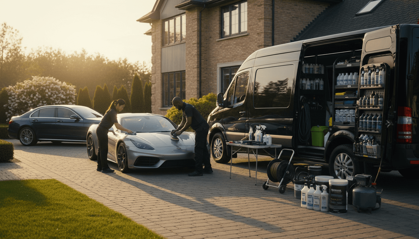 Mobile detailing van in residential driveway with technicians professionally cleaning vehicles, showcasing complete portable equipment setup and transformation services