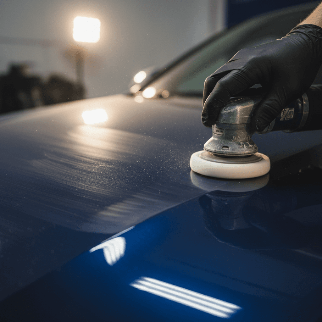 Close-up of professional polishing compound being applied to vehicle paint for scratch removal