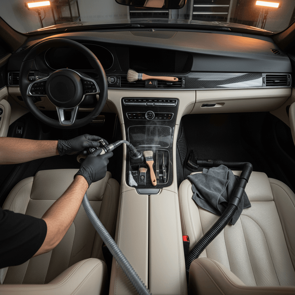 Overhead view of technician professionally cleaning and vacuuming vehicle dashboard and interior surfaces