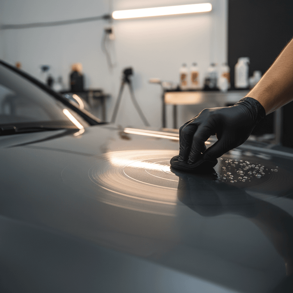 Professional car detailing technician applying ceramic coating to vehicle
